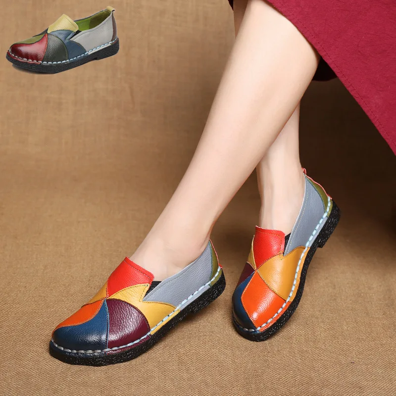 

2020 autumn new national style large size women's shoes leather color matching retro flat soft sole leather shoes middle-aged mo, Apricot,gray,blue,dark brown