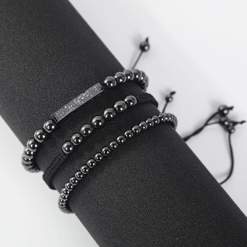 

New hot European and American simple wind volcanic stone round bead bracelet black hand woven rope adjustable exquisite bracelet, As pic