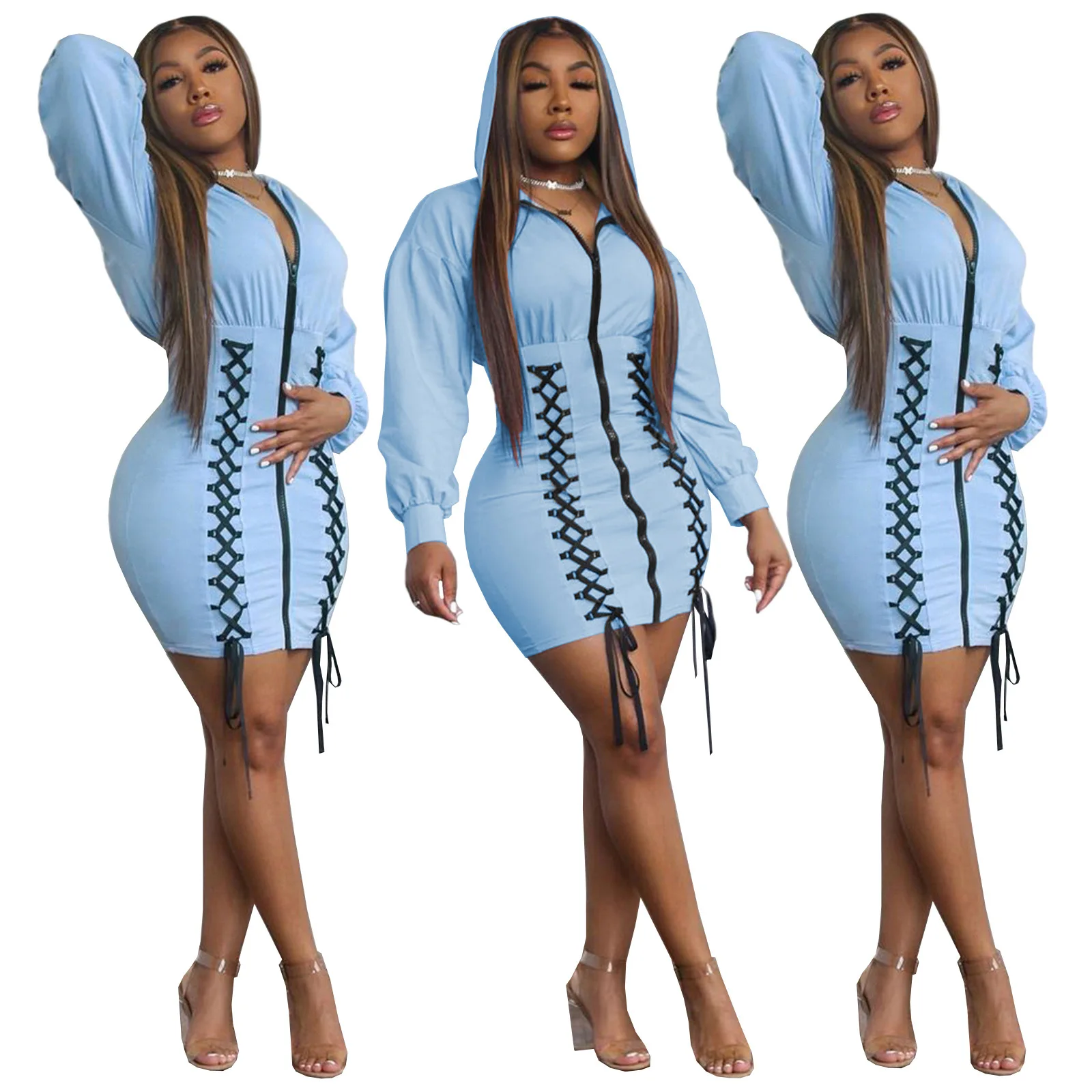 

Wholesale Fall Women Clothes Lantern Sleeve Hoodie Dress Fashion Solid Color High Waist Bandage Zipper Mini Dress, Picture color