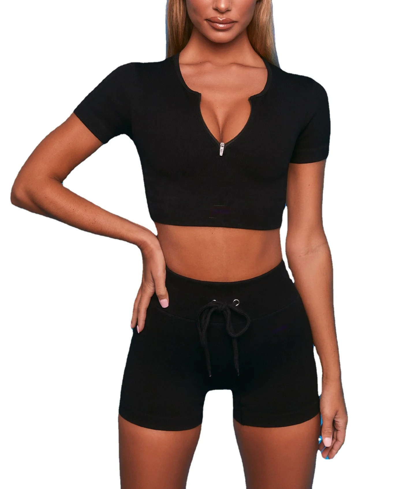 

Custom LOGO Womens Ribbed Seamless Biker Shorts Sets Fitness Sport 2 Piece Set High Impact Sports Bra Shorts Sets