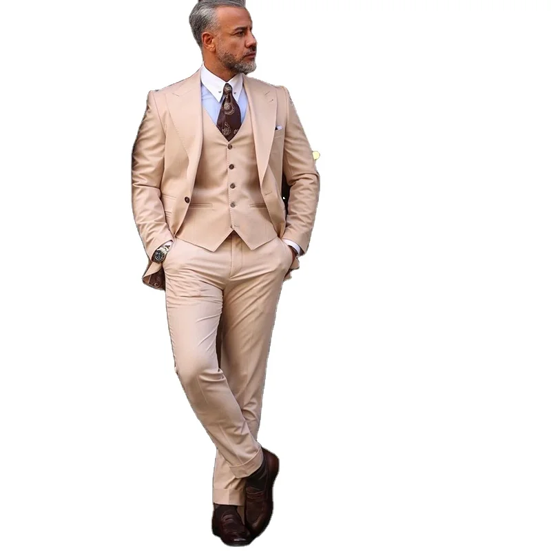 

Beige Classic Men Suits 3 Pieces Slim Fit Groom Tuxedos Formal Business Wedding Suit for Men