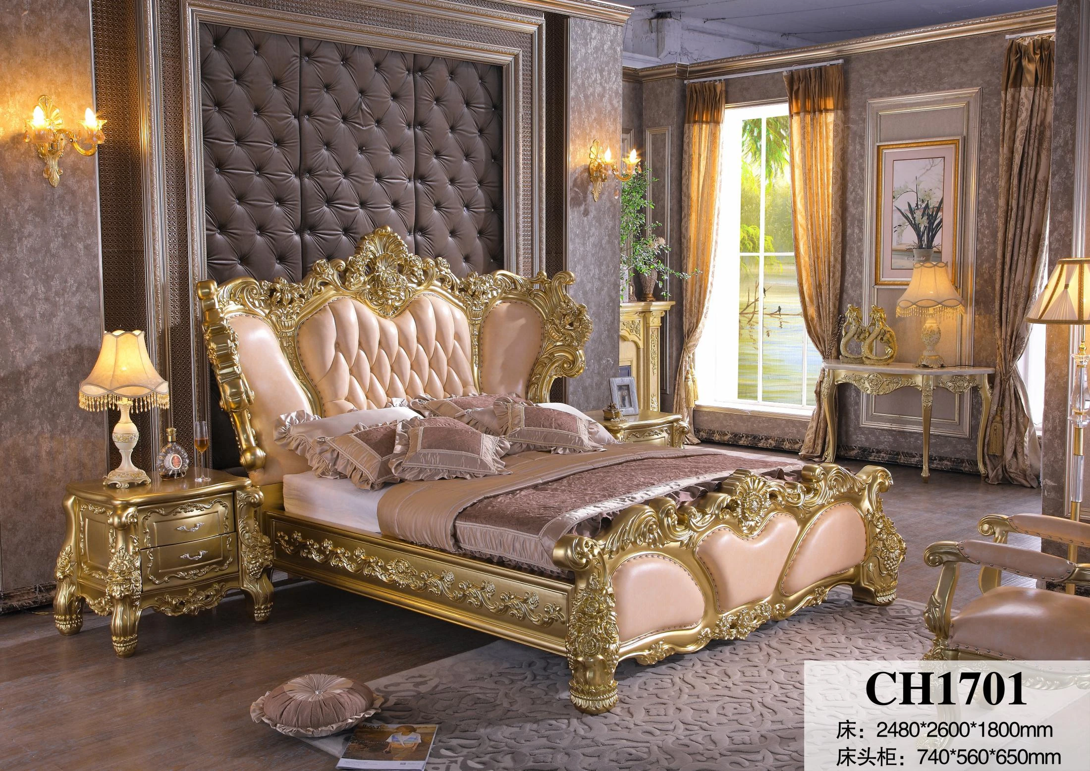 Juego De Muebles De Lujo De Estilo Clásico,Marco De Madera Tallado,Cama