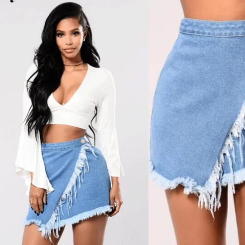 

Hot Selling Fashion Boutique Fringe Irregular Jean Skirt For Women, Shown