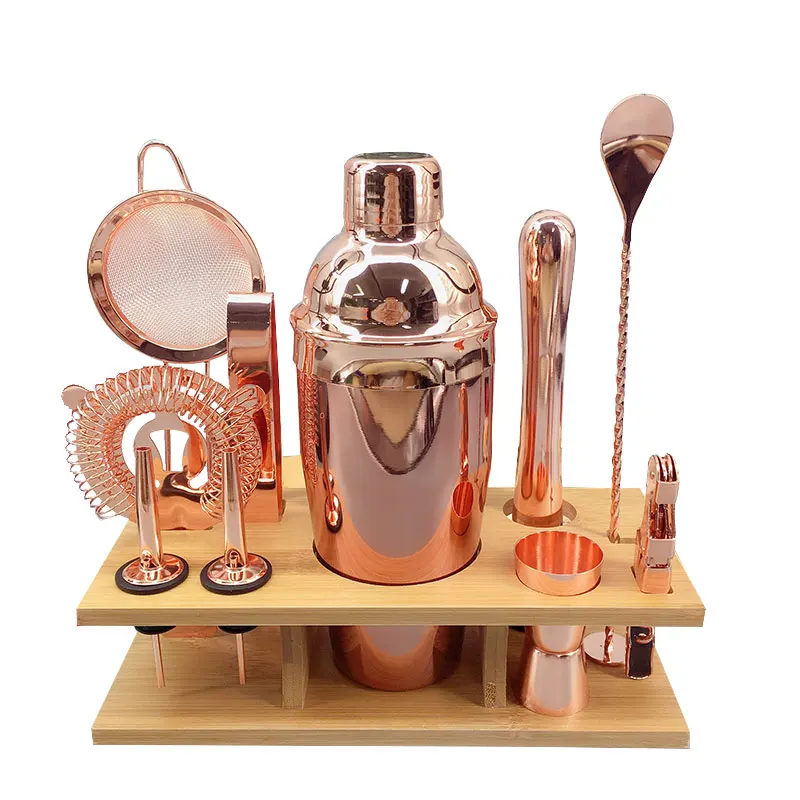 

2021 Amazon Hot Sell Rose Gold Color Bartender Kit 750ML Stainless Steel Boston Cocktail Shaker Set With Wood Stand Bar Tool Set
