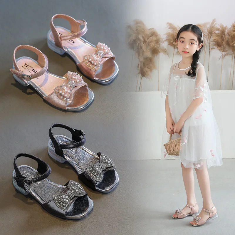 

sh10628a Children's Fashion Crystal Bow Beach Sandals Girls Low-Heeled 2 3 4 5 6 7 8 9 10 11 12 Years 2021 Summer Shoes