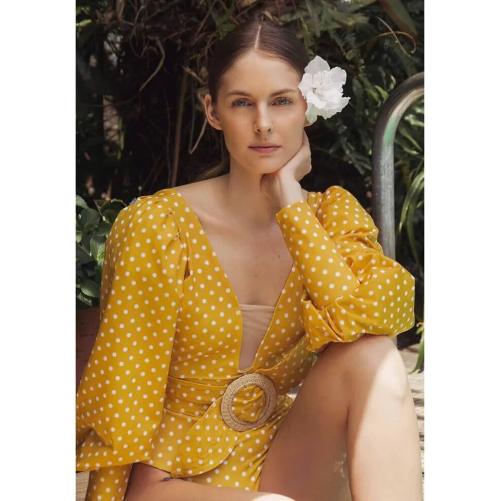 

Long Bubble Sleeves Dots Print Swimsuit Belt Deep V Hollow Out Bikini 2021 New Sexy Swimwear Beachwear bathing suits for women, Customized color