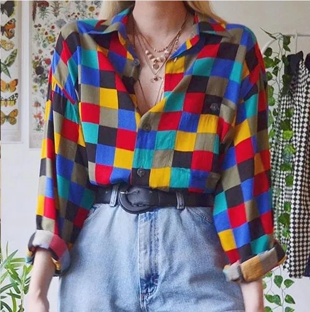 

Womens Blouse Colorful Plaid Girls Vintage Shirt Summer Streetwear Ladies Loose Clothes, As pic