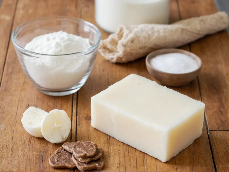 Homemade dish soap ingredients on rustic wooden table