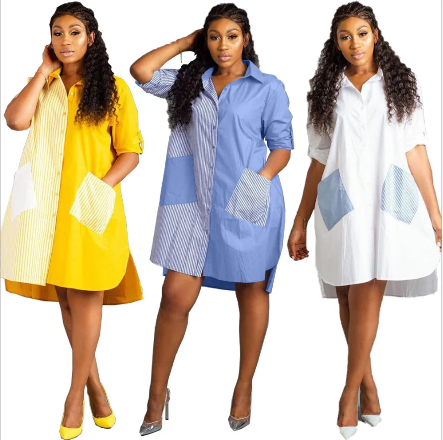 

2021 new arrivals summer women dresses patchwork striped casual loose shirt dress, White,yellow,blue