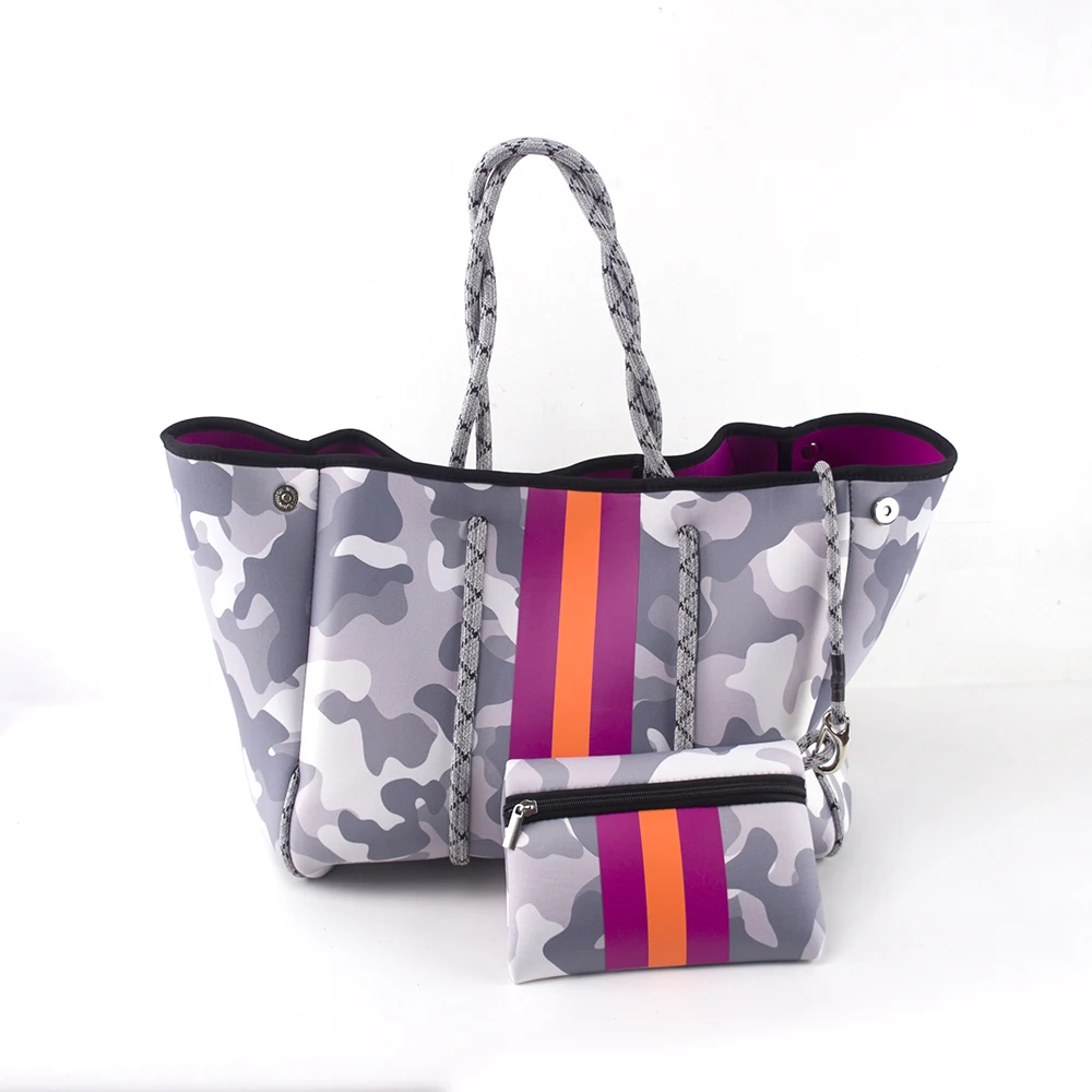 

Camo Stripe Design Neoprene Fashion Customized Beach Handbag Waterproof Neoprene Beach Tote Bag, Sample or customized