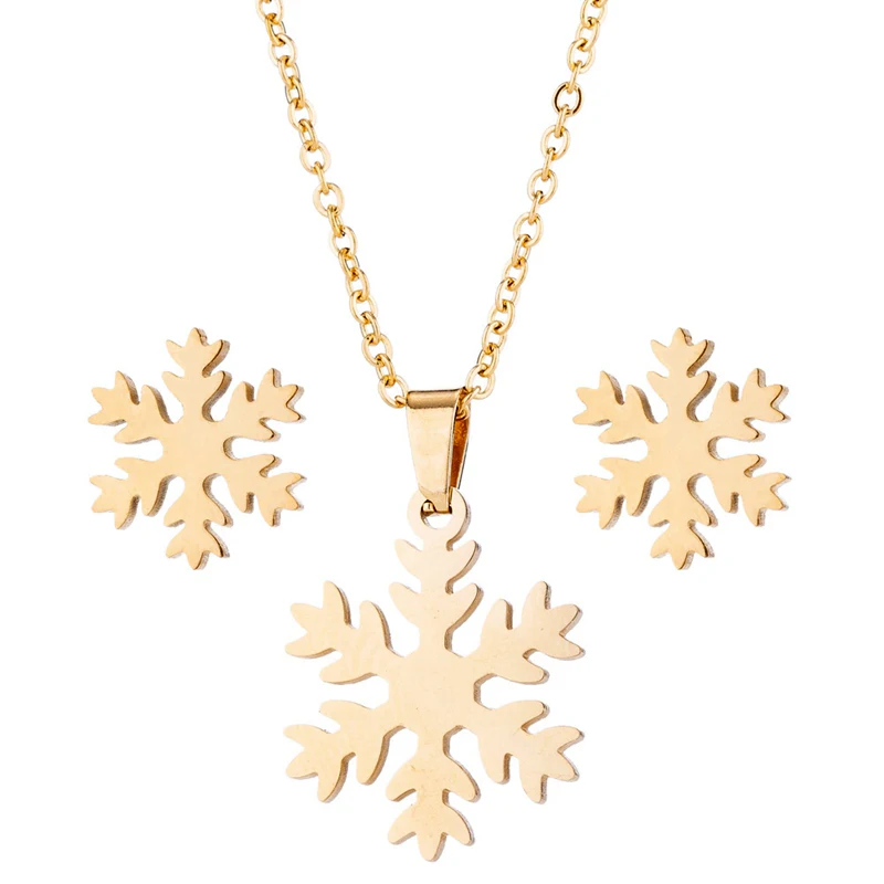 

Fashionable Young Girl Women Gold Silver Plated Charm Stainless Steel Snowflake Pendant Earring Necklace Set For Gift, Silver & gold color