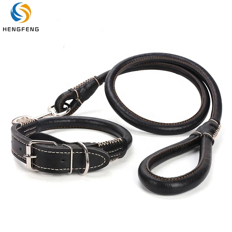 

Wholesale Luxury Rolled PU Leather Vegan Thick Round Collar Padded Leashes Set Dog Leash, Black and brown