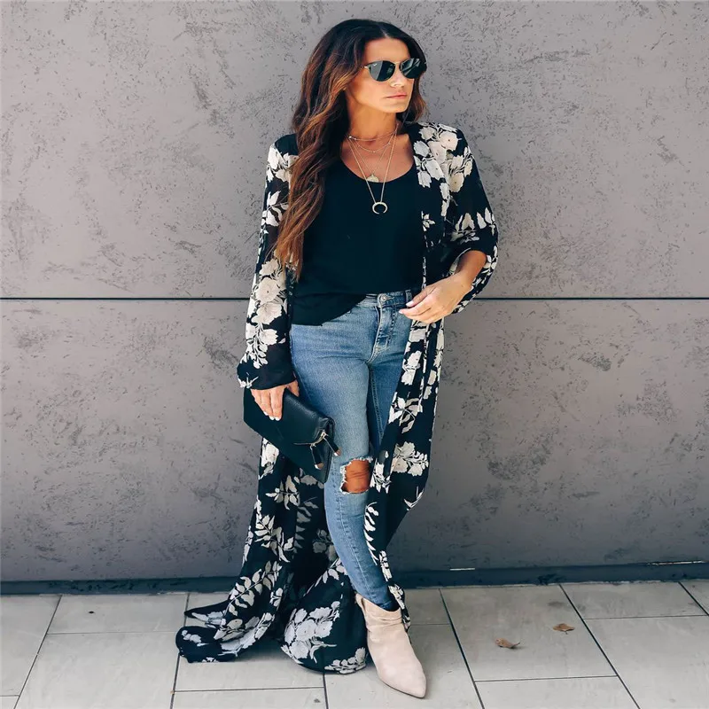 

Hot Selling Women Plus Size Casual Dress Floral Print Chiffon Fabric Long Cardigan Kimono Robe Women, Customized color