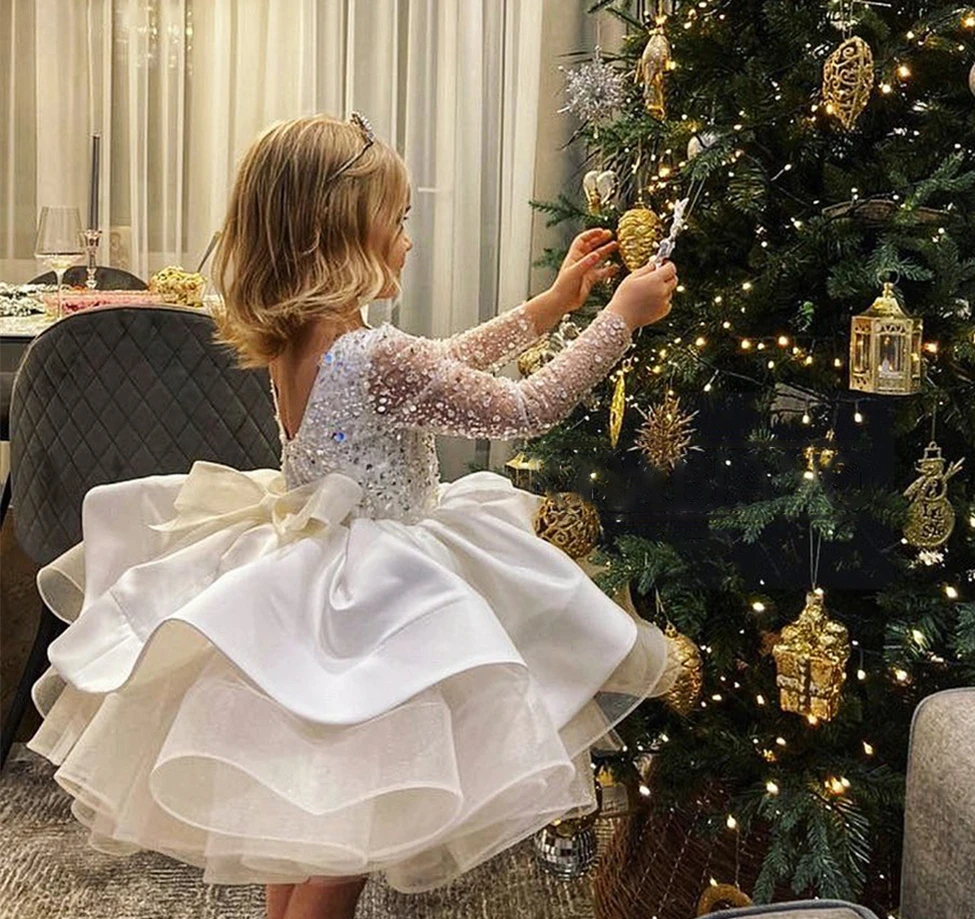

Hot Selling Long Sleeve Round Neck Sequin Pageant Christening Dresses Lace Birthday Party Girls Dress Wedding Flower Girl Dress