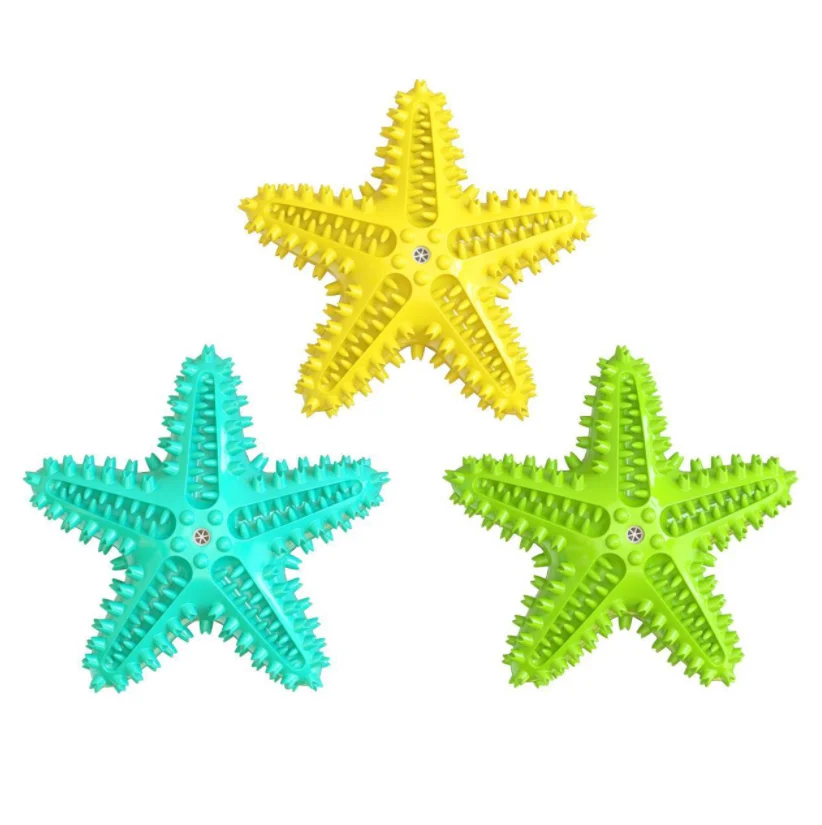 

Durable Rubber Indestructable Squeaky Molar Teeth Interactive Starfish Teethbrush Dog Chews Toy Floating on Water, Lake blue,yellow,green