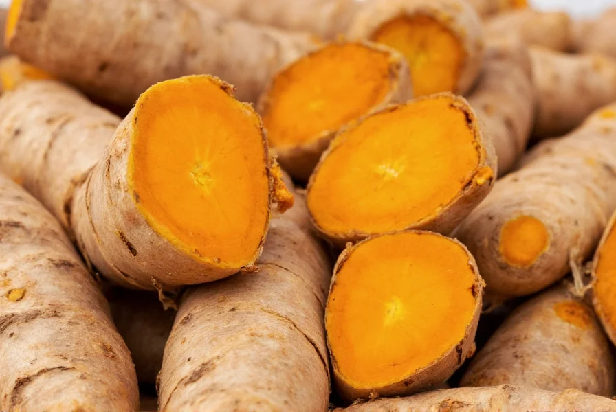 Close-up photograph of fresh turmeric rhizomes showing knotted structure and vibrant orange interior
