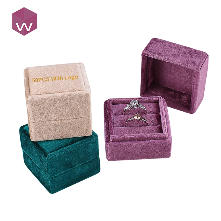 

Luxury Small Travel Velvet Ring Box Custom Square Beige Jewelry Packaging Boxes, Green/beige/purple