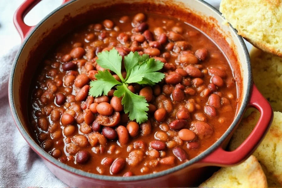Three bean chili recipe in a cast iron pot with fresh cilantro garnish and cornbread on the side