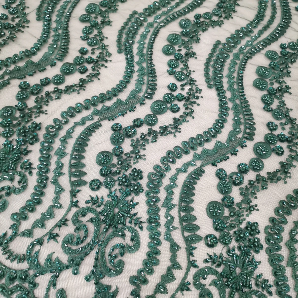 

Wholesale Luxury Green Heavy Handmade Pearl Embroidered Wedding Dress Mesh Textile With Sequins African Beaded Tulle Lace Fabric