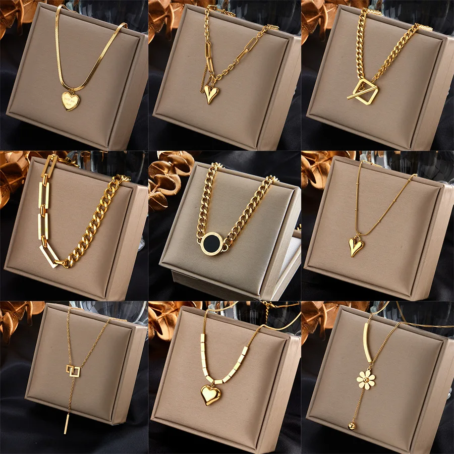 

Stainless Steel Fashion Jewelry Necklace Waterproof 18k Gold Plated Roman Numeral Heart Necklace Stainless Steel