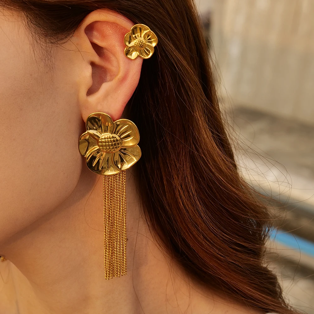 

Summer Style 18K Gold-plated SunFlower Tassels Earring Stainless Steel Stud Chunky Earrings For Women