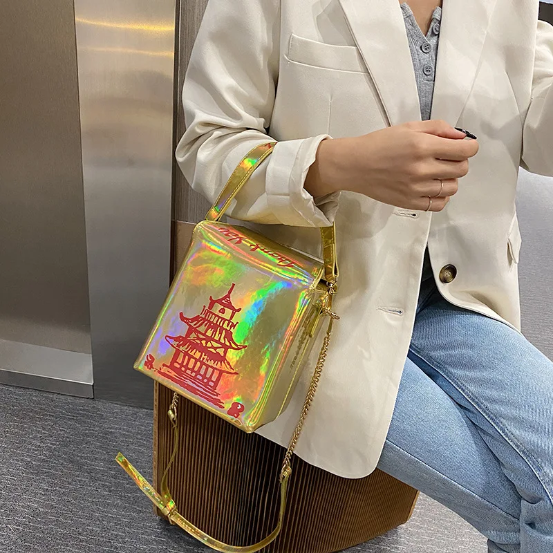 

Fashion Chinese Style Printing Tower Laser Ladies Chain Crossbody Bag Shiny PU Shoulder Messenger Bag