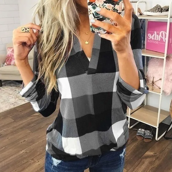 

Women's Plus Size S-5XL Long Sleeve Casual Loose Plaid Blouse Tops Shirts