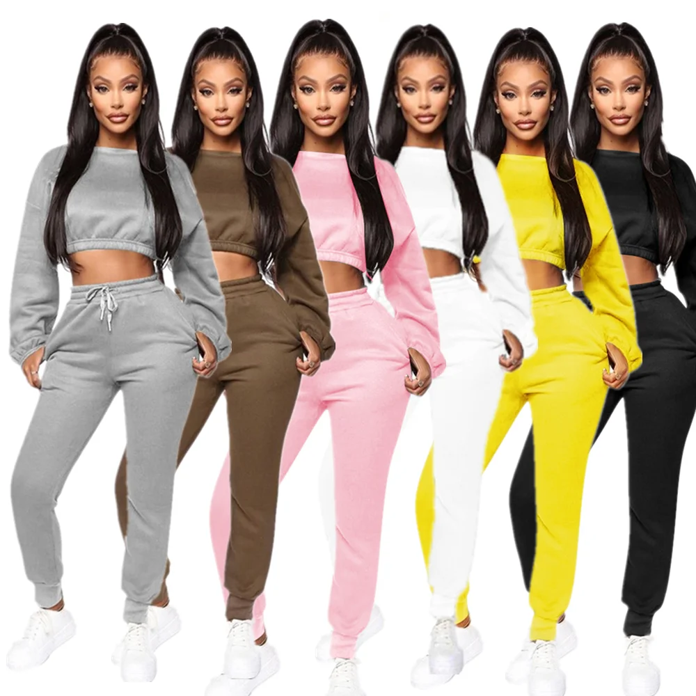 

wholesale 2021 Plus velvet lounge wear two piece set crew neck pullover sweatpants suit for women