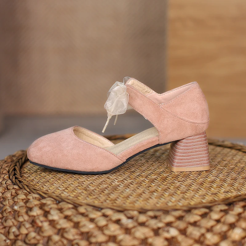 

Girls' Summer Round Head Frosted Leather Frenulum Thick Heels Ladies Sandals, Black/ecru/lotus pink