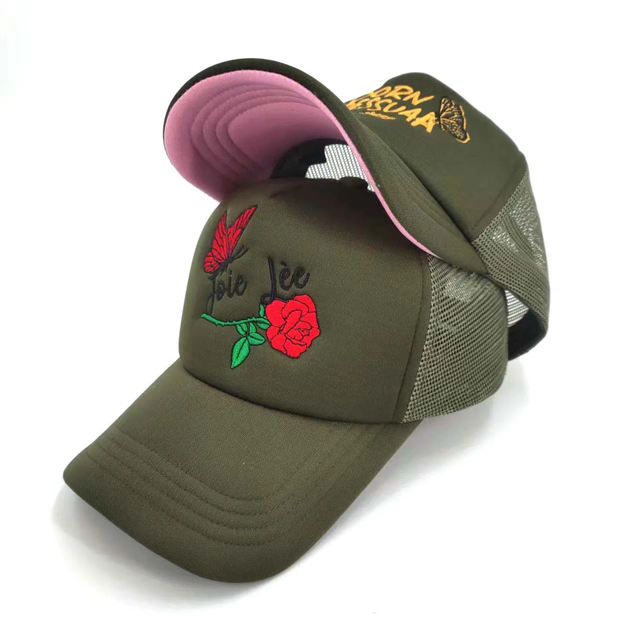 

Butterfly&Rose Flower Trucker Cap Custom Logo Foam Trucker Mesh Cap High Quality 5-Panel Embroidery Sport Trucker Hat Caps