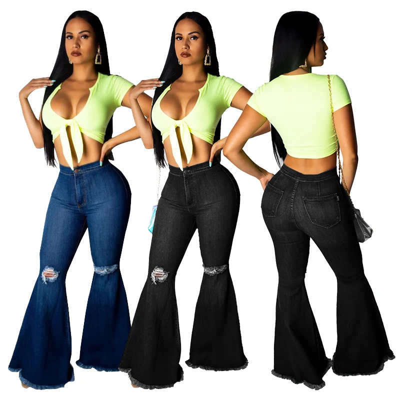 

Distressed Bell Bottom Women Jeans Blue Black Plus Size S-3XL Flared Denim Pants High Waist Sexy Wide Leg Long Pants RS00152