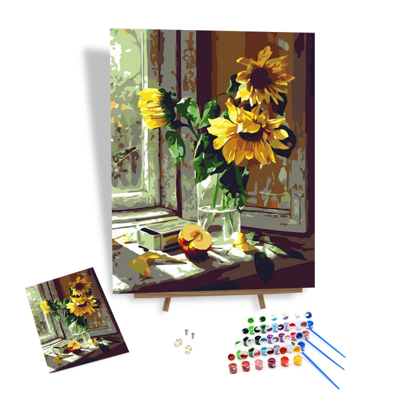 

Diy Painting By Numbers Sunflowers In Front Of The Window Framed Acrylic Pigment Color Printing Hand Painted Canvas Home Decor