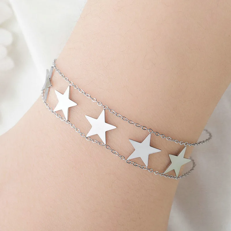 

New Women Jewelry High Polished Pentagram Titanium Steel Star Bracelet Multi Layer Star Stainless Steel Bracelet