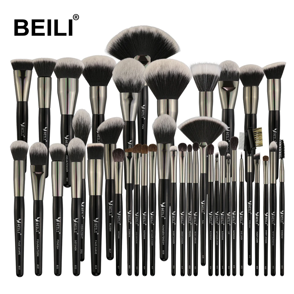 

BEILI low MOQ make up brushes private label black wooden brush sets makeup wholesale 40pcs brochas de maquillaje profesional