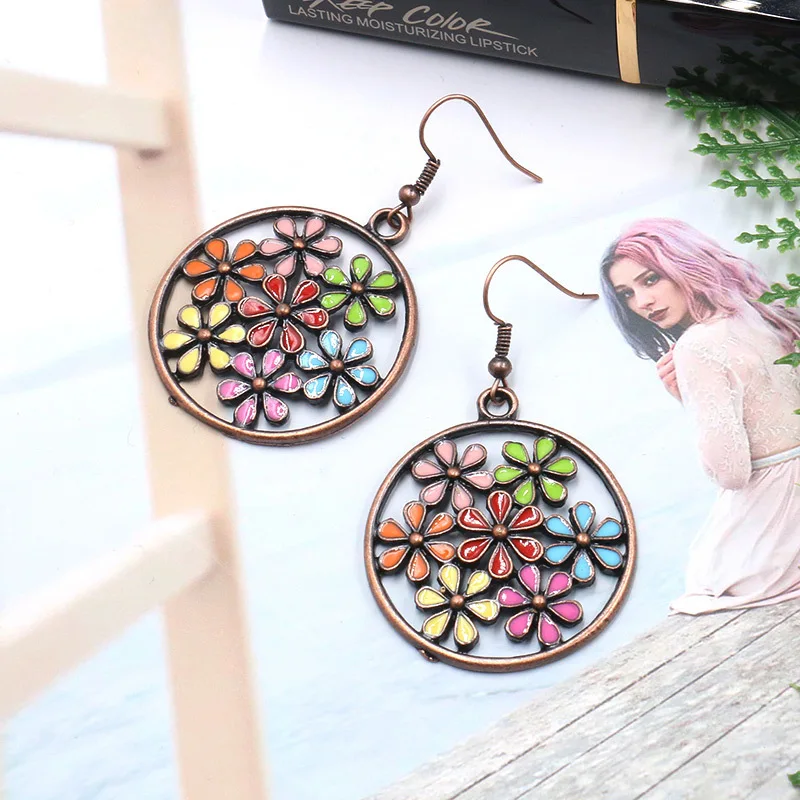 

Fashion Round Alloy Earrings Creative Flower Earrings Boho Ladies Popular Jewelry, Multicolor