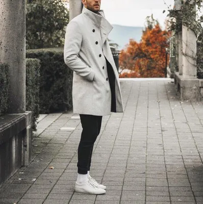 

Winter European Mont Erkek Vintage Button Mid Length Stand Collar Trench Coat For Men, Picture