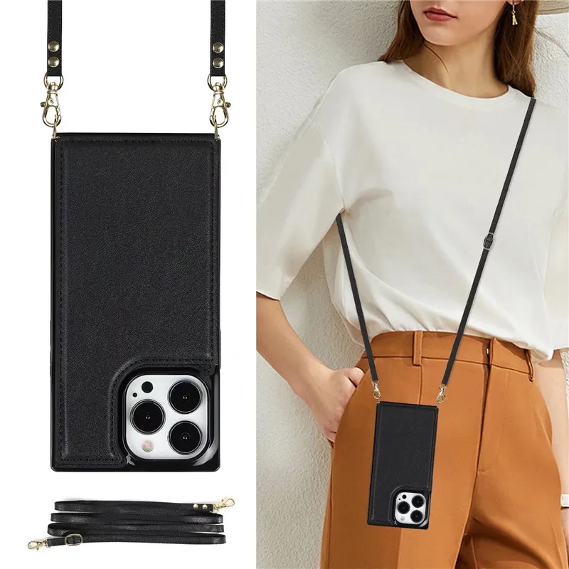 

Mobile Phone Case Wallet Phone Case with Strap Crossbody Luxury Women Phone Case for iPhone 13 12 11 Pro Max XR XS