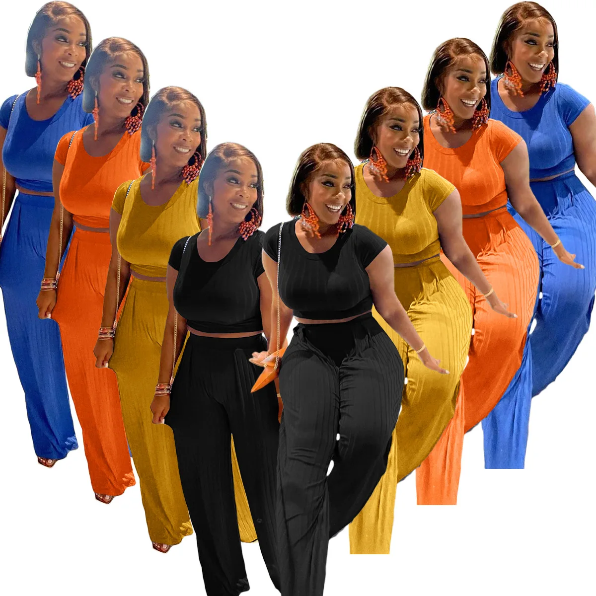 

New Design Custom Solid Rib Knit Short Sleeve Crop Top Trouser Sets 2021 Fall Woman Two Piece Suits Wide leg Pants Set, Picture