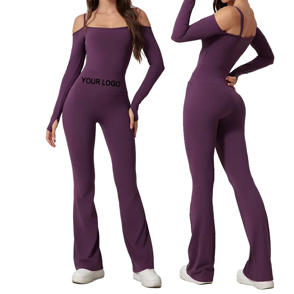 off Shoulder Long Sleeve Yoga Jumpsuit High Elastic Padded Gym Bodysuit Butt Lifting Flare Leggings Yoga Wear