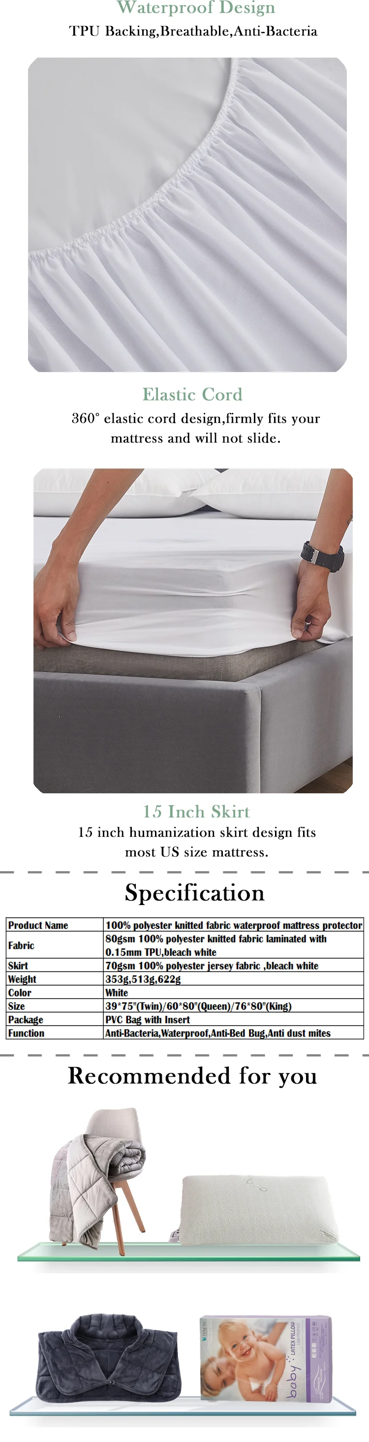 Customized Size Mattress Cover 0.02mm TPU Durable Polyester Knitted Fabric Hypoallergenic Waterproof Mattress Protector Bed Mat details