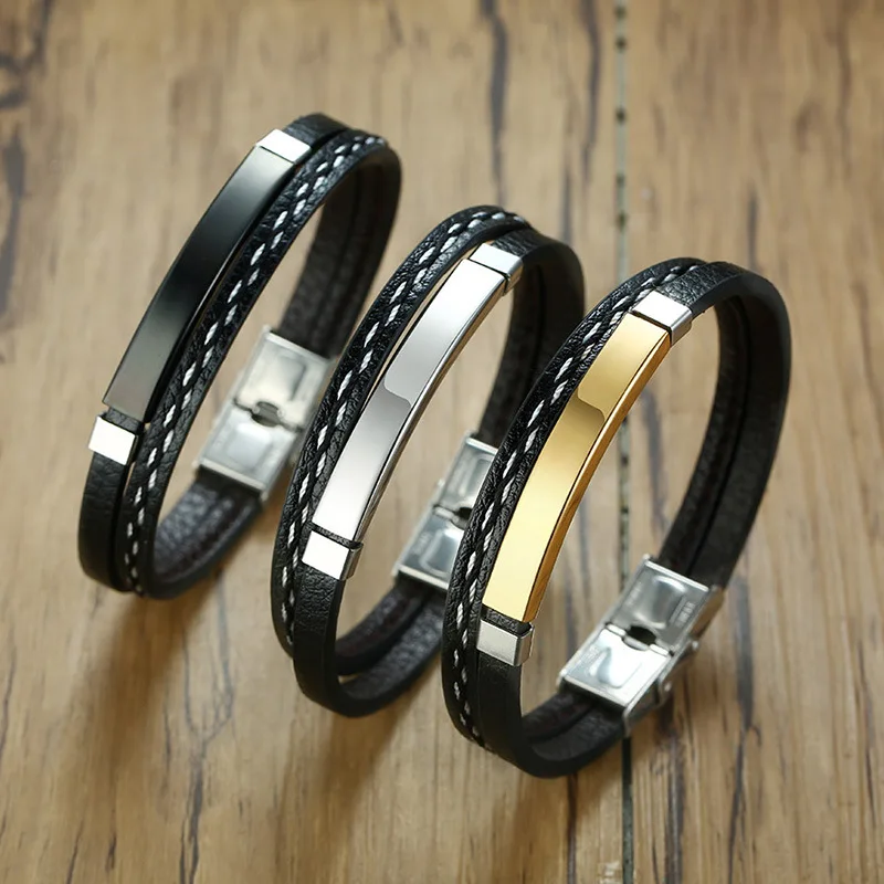 

Wholesale man jewelry Stainless Steel Bangle Mens Leather Bracelet, As pic