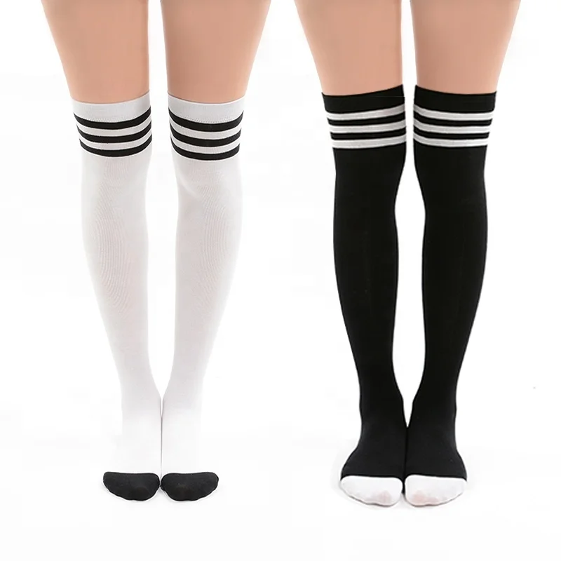 

MEIKAN Apparel Wholesale Custom Breathable Knit Knee High White & Black Striped Combed Cotton Women Long Thigh High Socks