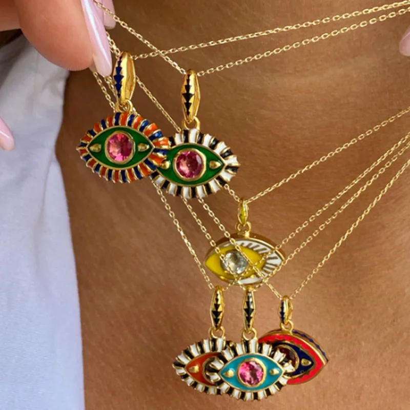 

Ins stainless steel colorful enamel evil eye diamond pendant necklace for women