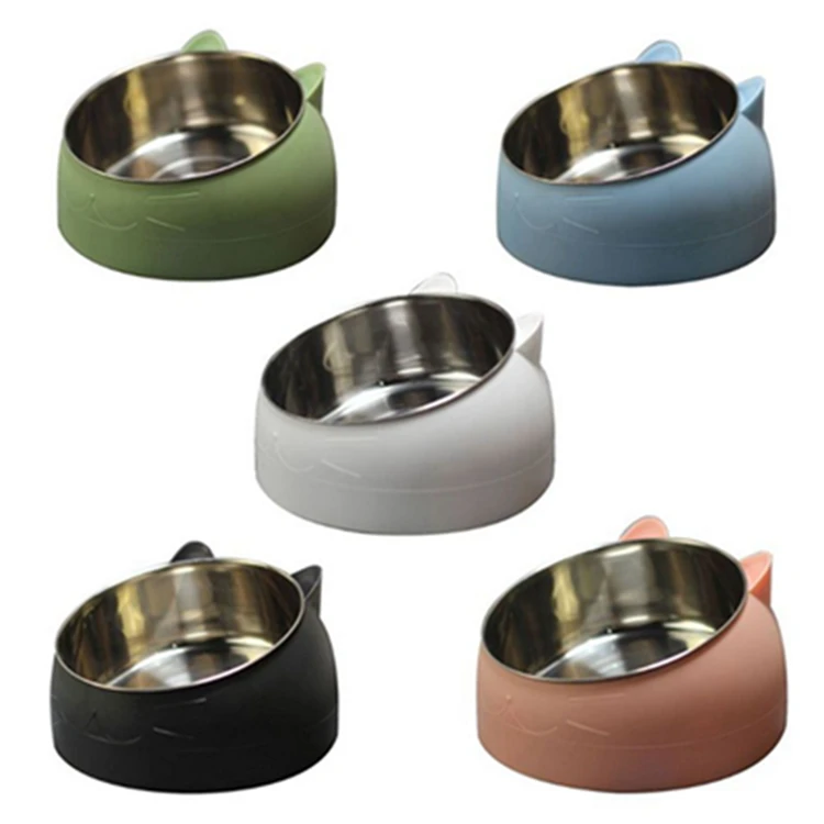 

Stainless Steel 15 Degrees Tilted Safeguard Neck Dog Cat Feeder Pet Food Water Feeding Bowl For Puppy Cat Supplies Pet Cat Bow, Pink,blue,white,black