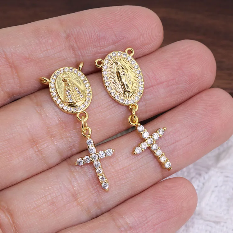 

CZ8617 Daint Mini 18k Gold Plated CZ Blessed Mother Virgin Mary Saint Halo Cross Charm Pendants Rosary Jewelry Supplies