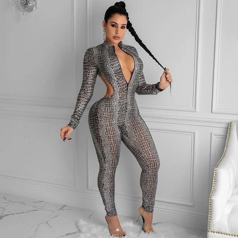 

2021 New Arrivals Casual Snake Print Skinny Backless Jumpsuits For Women