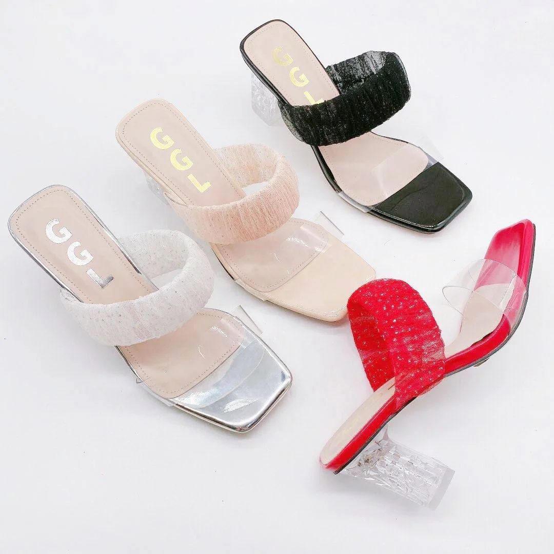 

OEM Factory Custom Brand High Heeled Slippers Clear Sandals Summer Hot Sale Lace Elegant Women Shoes High Heeled Shoes Ladies