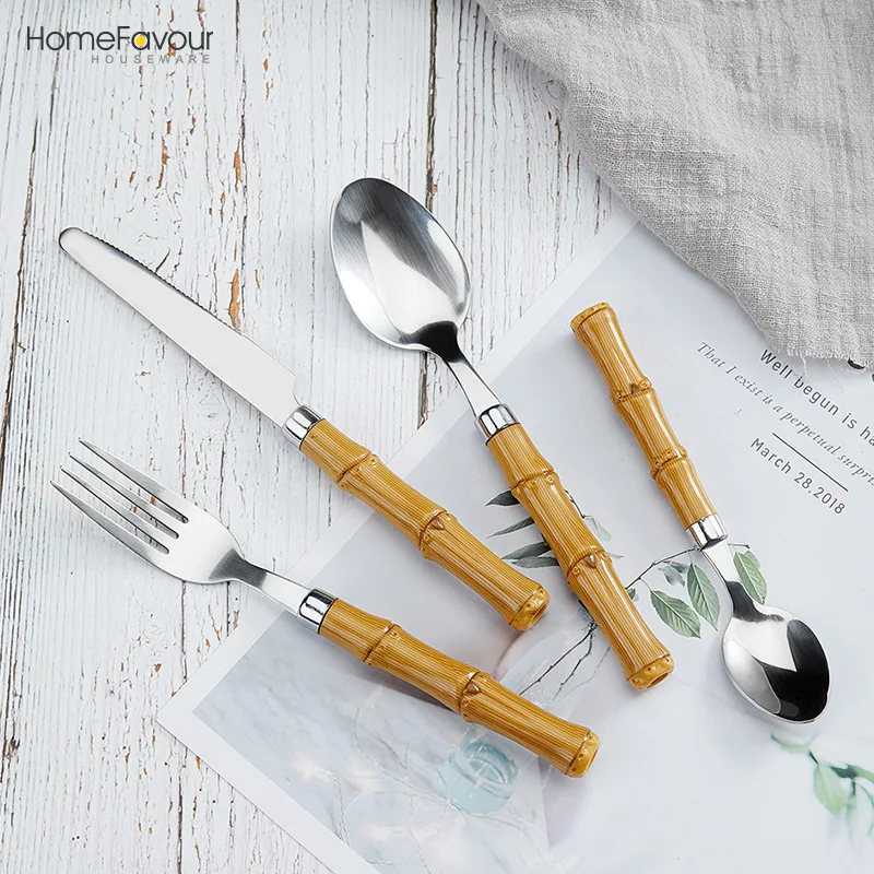 

Twist Handle Flatware Set Plastic Bamboo Stainless Steel 2020 Hot Sale Novelty Spoon and Knife Set Hotel Restaurant Home Metal