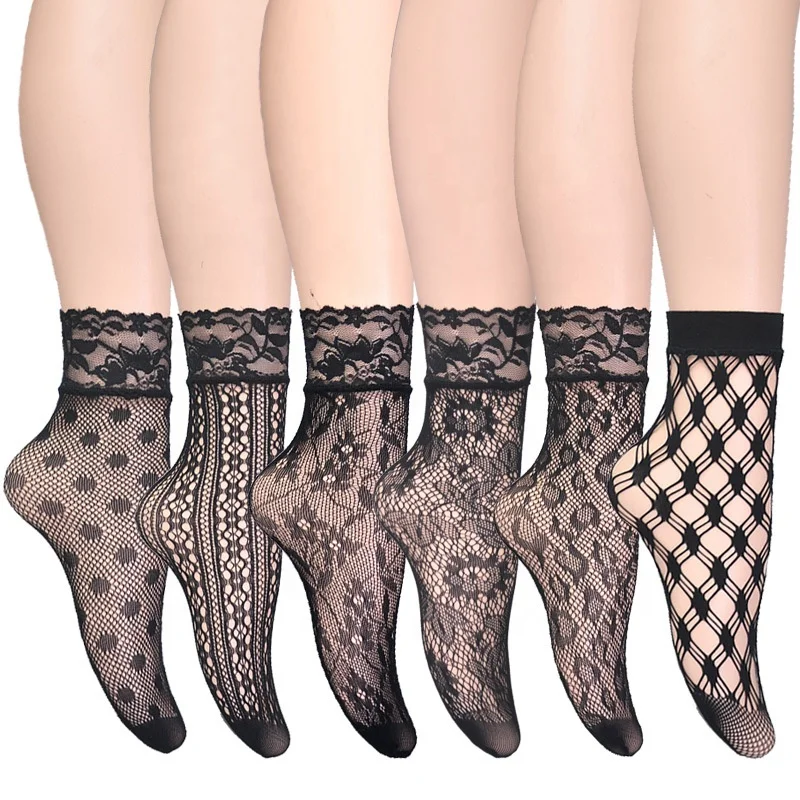 

2021 sexy cute lace trim vintage breathable flower mesh summer daisy fishnet school girl ankle socks with lace edge for women, Black
