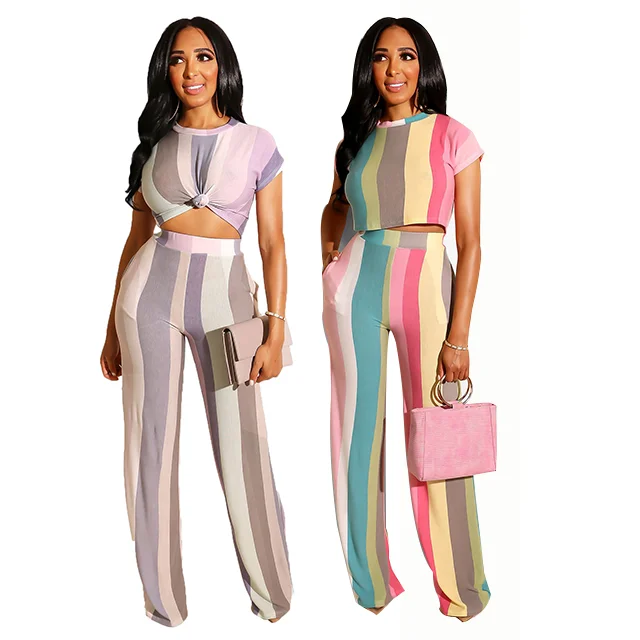 

2021 Summer Women Clothing Candy Colors Short Sleeve 2Piece Set Vertical Stripe
